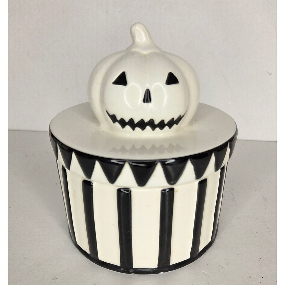 Ashland Ceramic Halloween Pumpkin Candy Jar Black White Striped Canister